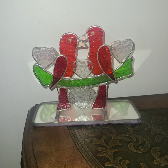 VTG Leaded Stained Glass Red Birds on Mirrored Base Hearts Love Birds - Picture 2 of 4